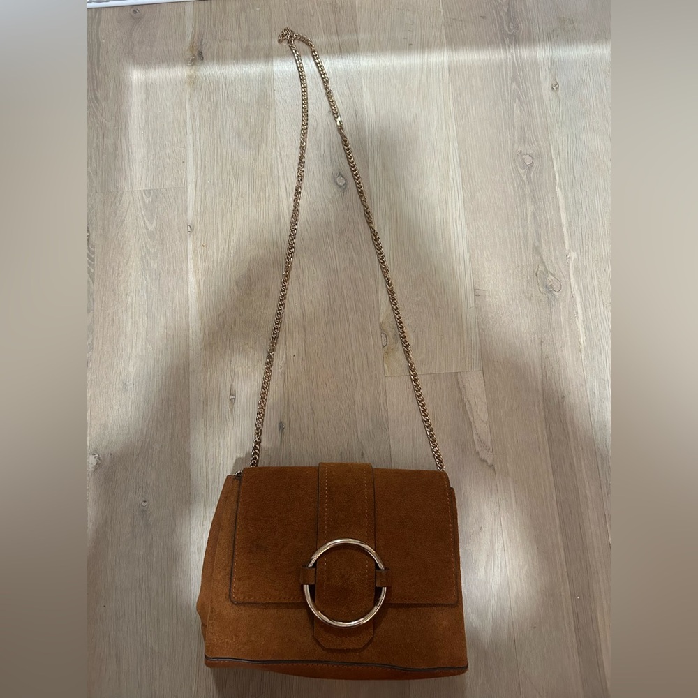 Mango Brown Suede Shoulder Bag with Gold Chain